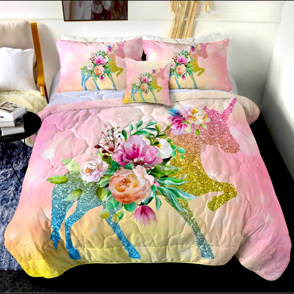NEW in Package FULL size UNICORN glitter Duvet Comforter Shams Throw Pillow Set